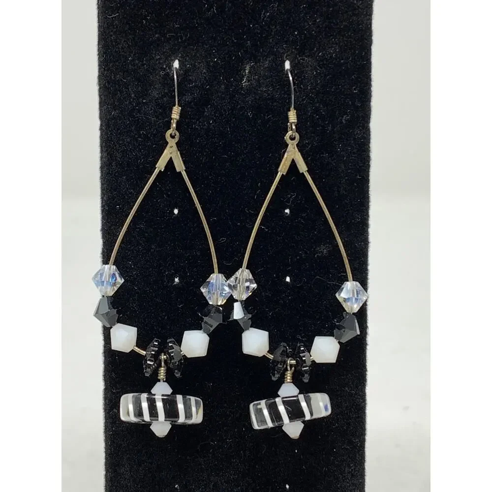 Unbranded Silver 925 Black & Clear Faceted Beaded Chandelier Earrings